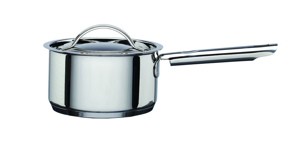 Shiny saucepan with tall straight sides, a fitted lid, and a long handle on a white background.